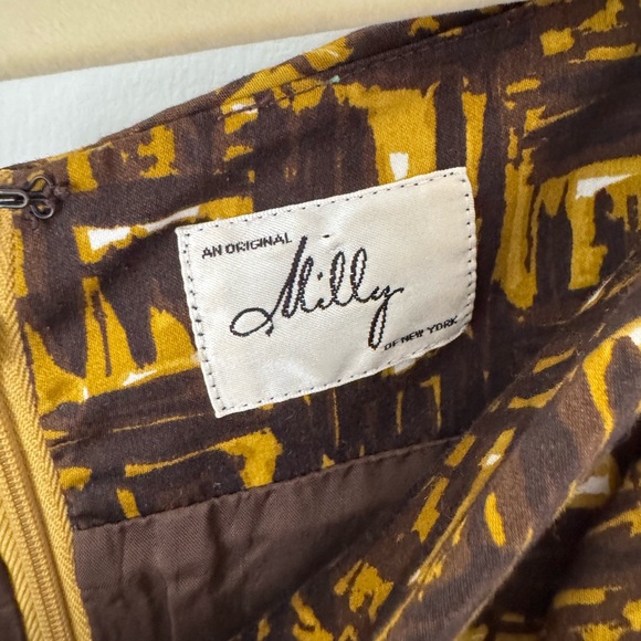 Milly New York Boatneck Cap-Sleeve Brown and Yellow Abstract Dress 2 - Picture 5 of 7